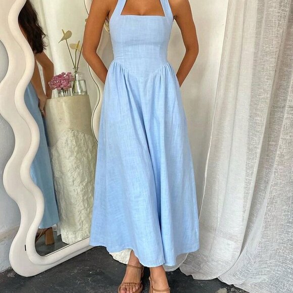 Dresses & Skirts - Blue Casual Women's Vacation Hanging Neck Elegant Long Dress